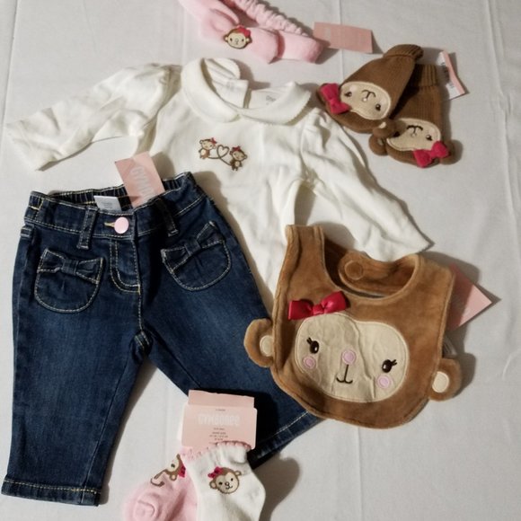 Gymboree Mischievous Monkey NWT 0-3 Month Jeans, bodysuit, bib, headband, socks - Picture 1 of 6